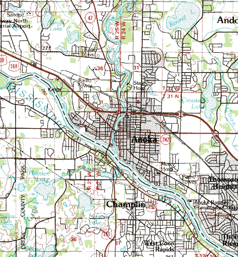 Topographic map of the Anoka Minnesota area