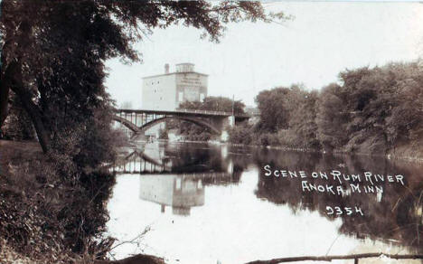 Rum River scene with Pillsbury Lincoln Mill in background, Anoka Minnesota, 1932