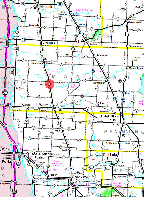 Minnesota State Highway Map of the Argyle Minnesota area