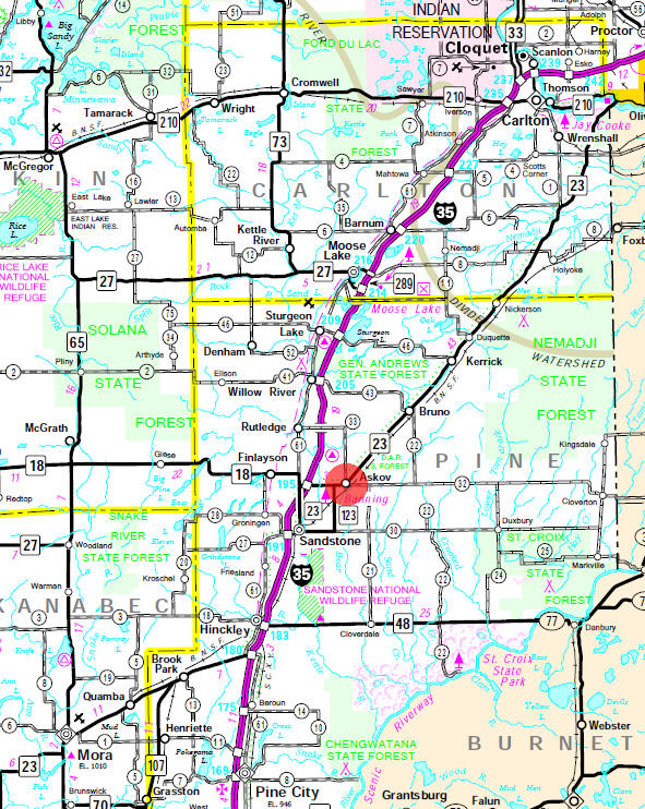Minnesota State Highway Map of the Askov Minnesota area