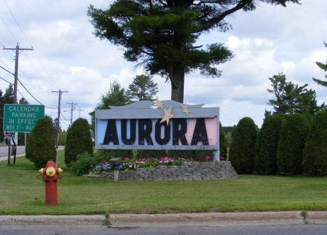 Welcome sign on south end of town, Aurora Minnesota, 2009