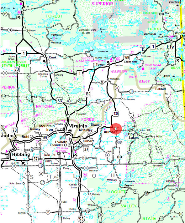 Minnesota State Highway Map of the Aurora Minnesota area