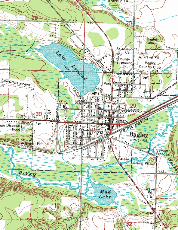Topographic map of the Bagley Minnesota area