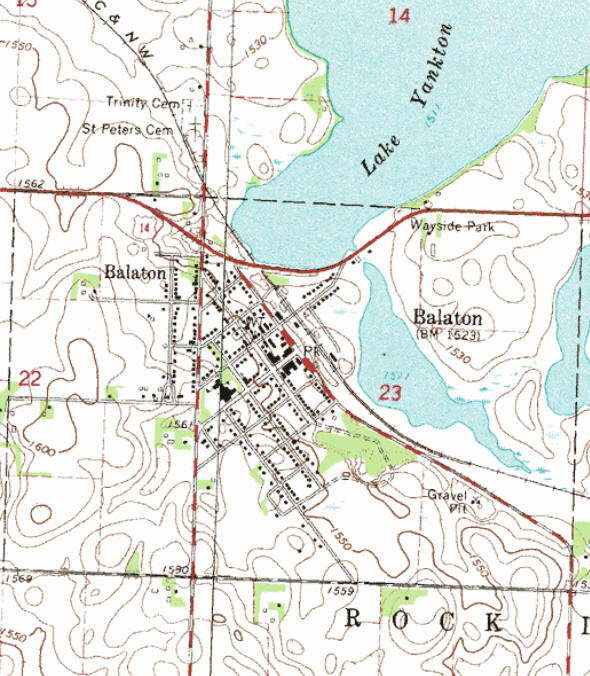 Topographic map of the Balaton Minnesota area