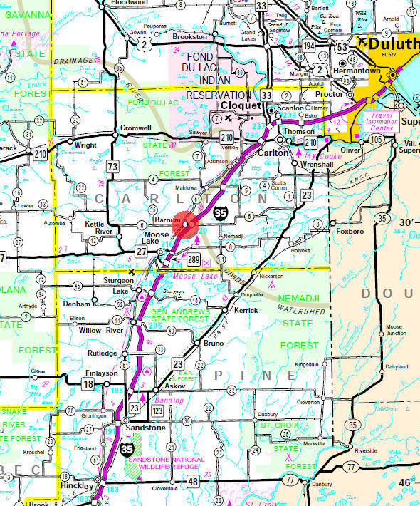 Minnesota State Highway Map of the Barnum Minnesota area
