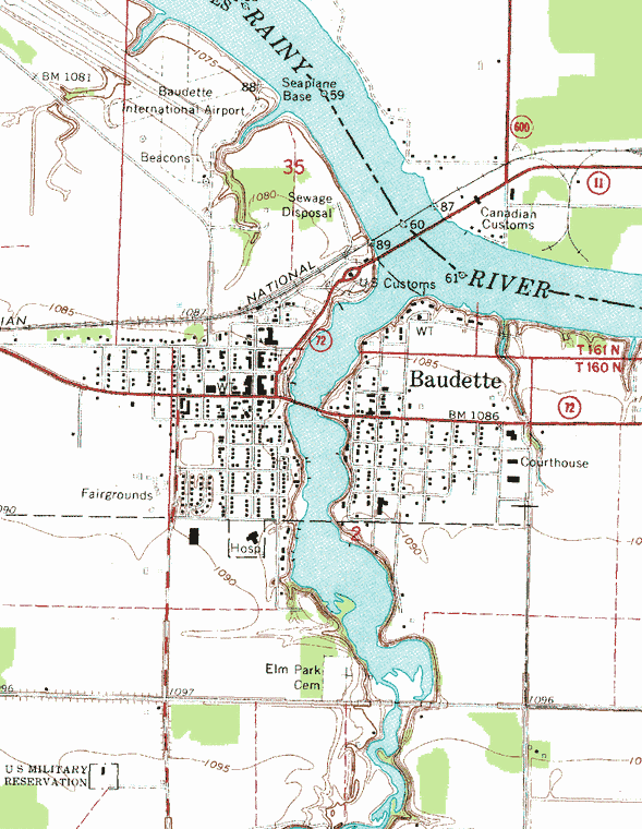 Topographic map of the Baudette Minnesota area