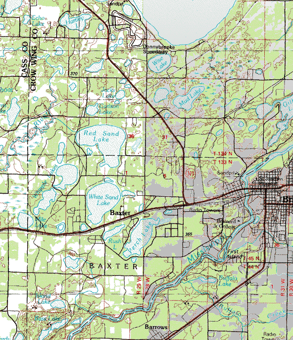 Topographic map of the Baxter Minnesota area