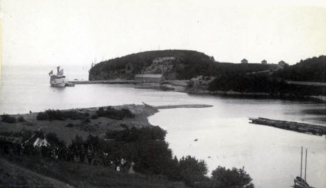 Steamer Ossifrage with passengers lying at dock at Beaver Bay Minnesota, 1888?