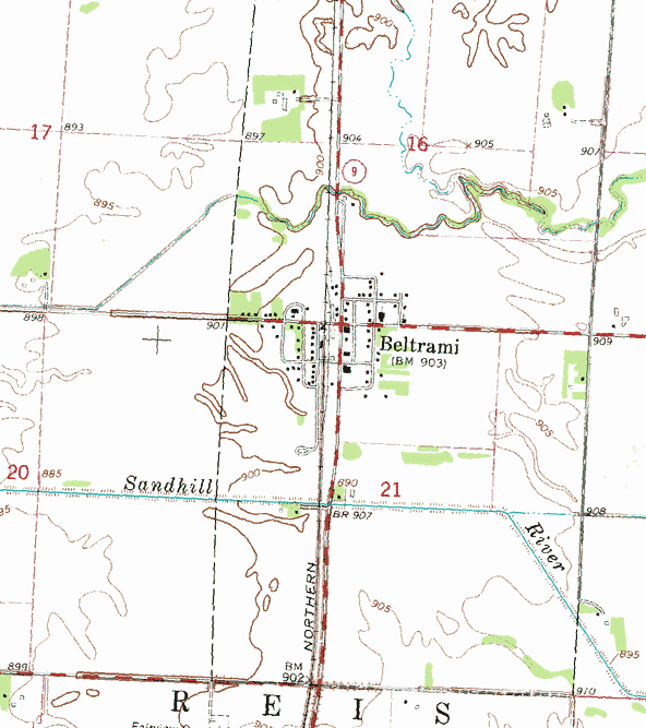 Topographic map of the Beltrami Minnesota area