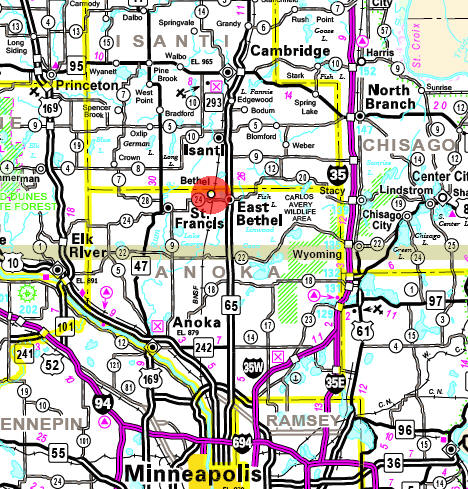 Minnesota State Highway Map of the Bethel Minnesota area