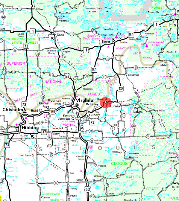 Minnesota State Highway Map of the Biwabik Minnesota area