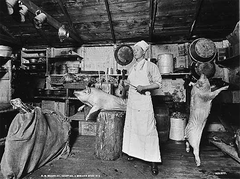 Cook butchering pigs in lumber camp kitchen, N.B. Shank Company Camp Number Two, Biwabik Minnesota, 1913