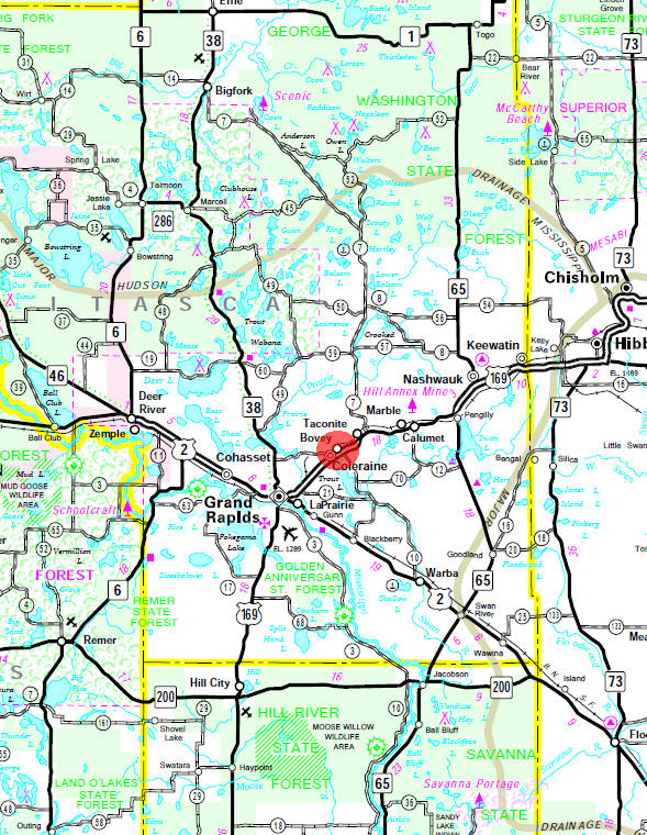 Minnesota State Highway Map of the Bovey Minnesota area
