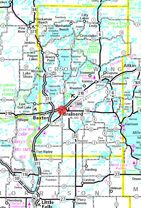 Minnesota State Highway Map of the Brainerd Minnesota area