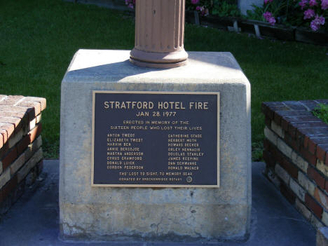 Close-up of Stratford Hotel Fire Memorial Plaque, Breckenridge Minnesota, 2008