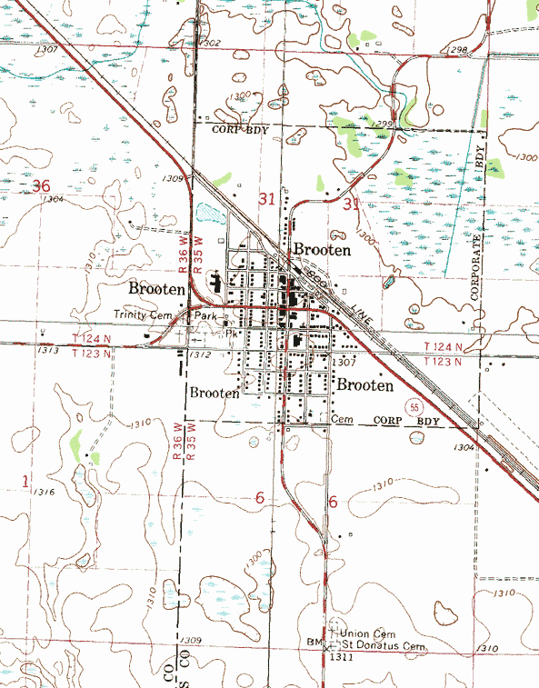Topographic map of the Brooten Minnesota area