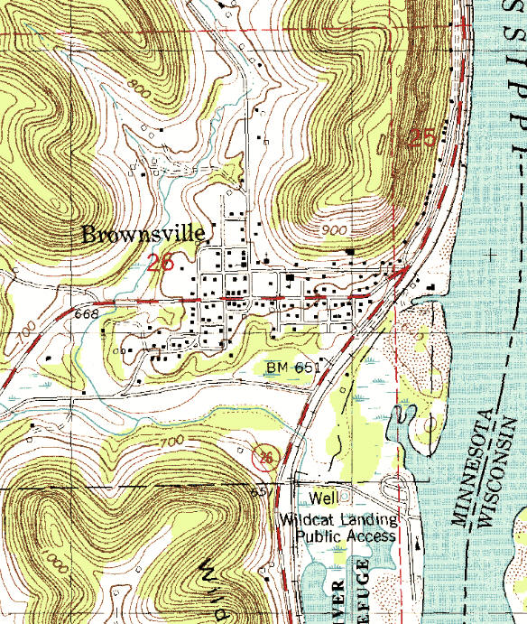 Topographic map of the Brownsville Minnesota area
