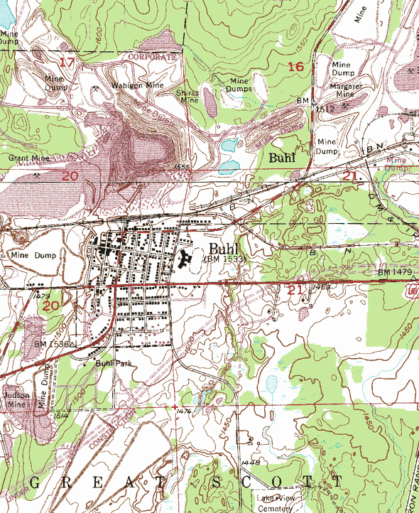 Topographic map of the Buhl Minnesota area