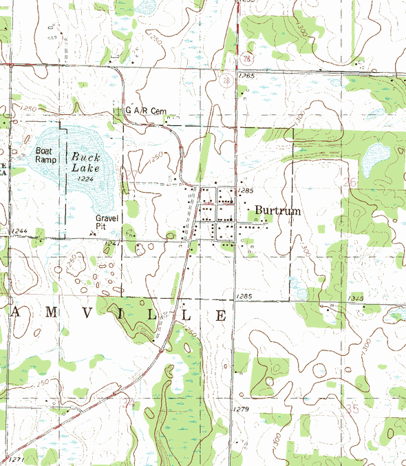 Topographic map of the Burtrum Minnesota area