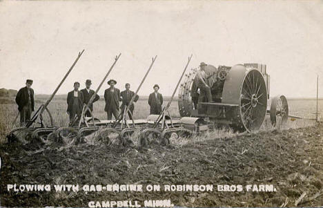 Plowing with gas engine on Robinson Bros farm, Campbell Minnesota, 1909