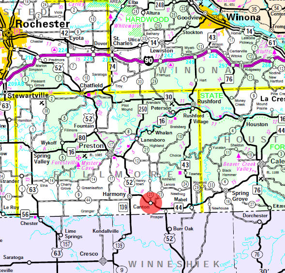 Minnesota State Highway Map of the Canton Minnesota area