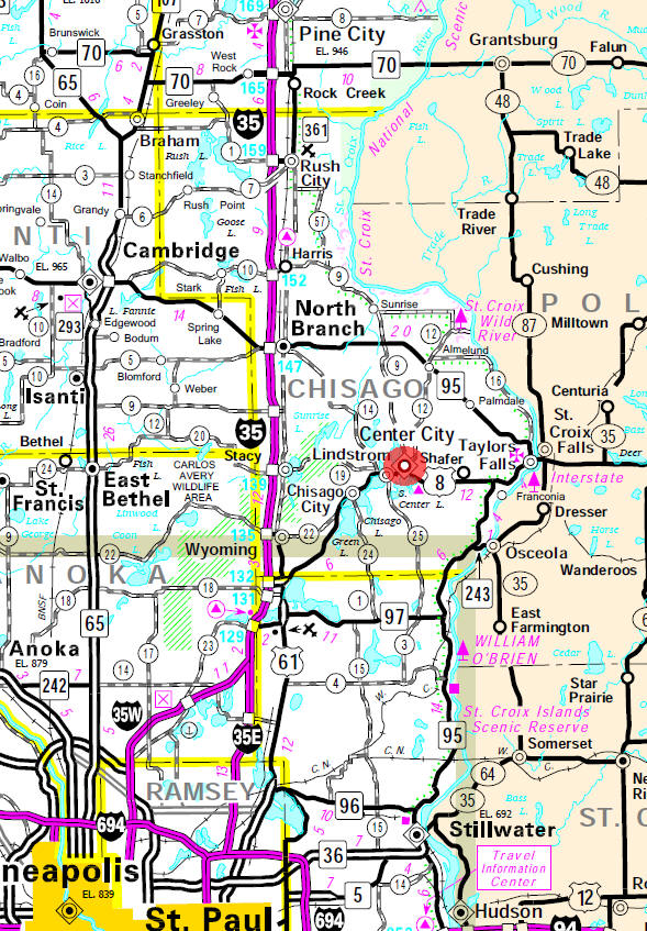 Minnesota State Highway Map of the Center City Minnesota area