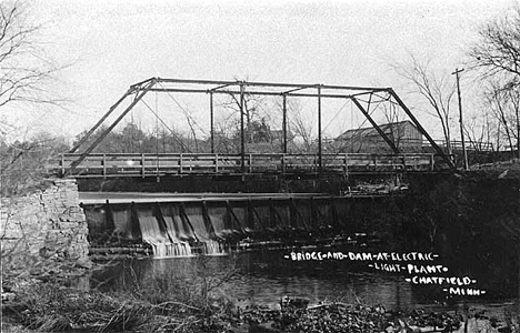 Bridge and dam at Electric Light Plant, Chatfield Minnesota, 1900