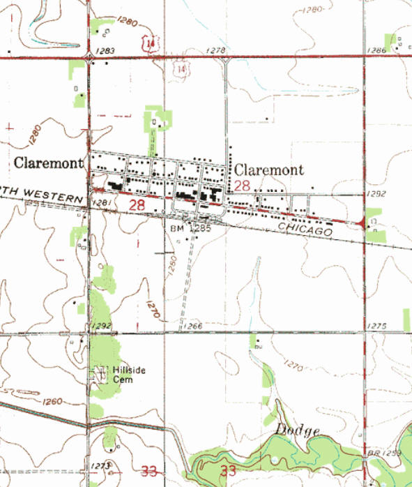 Topographic map of the Claremonr Minnesota area