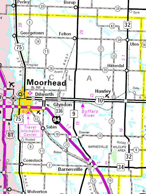 Minnesota State Highway Map of the Clay County Minnesota area