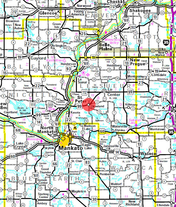 Minnesota State Highway Map of the Cleveland Minnesota area