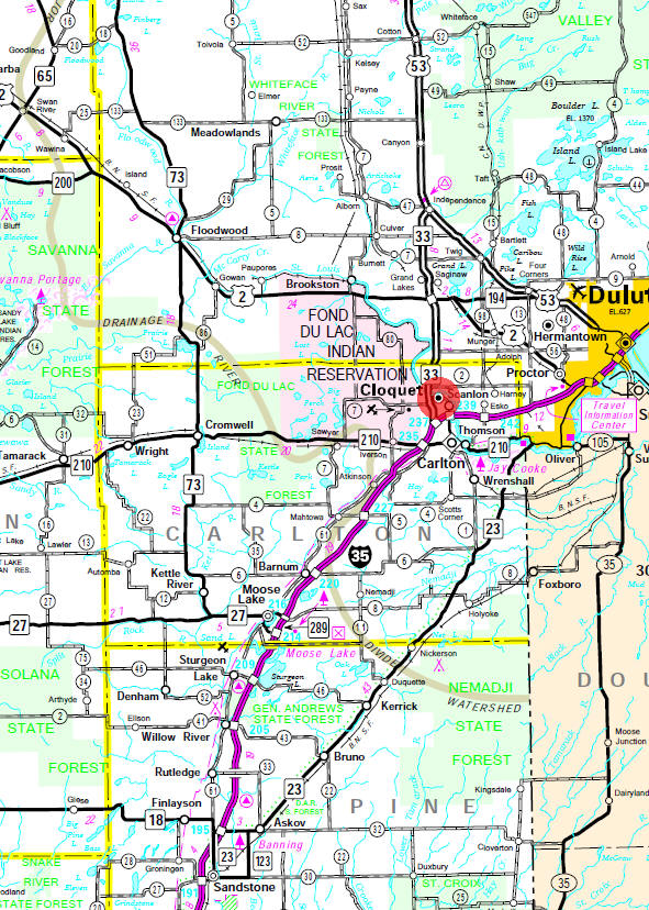 Minnesota State Highway Map of the Cloquet Minnesota area