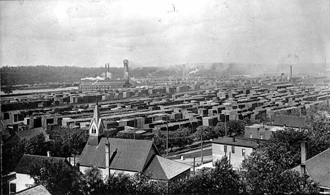 Bird's eye view of Cloquet Lumber Company mill showing lumber piles, 1910