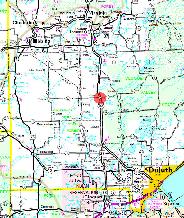Minnesota State Highway Map of the Cotton Minnesota area