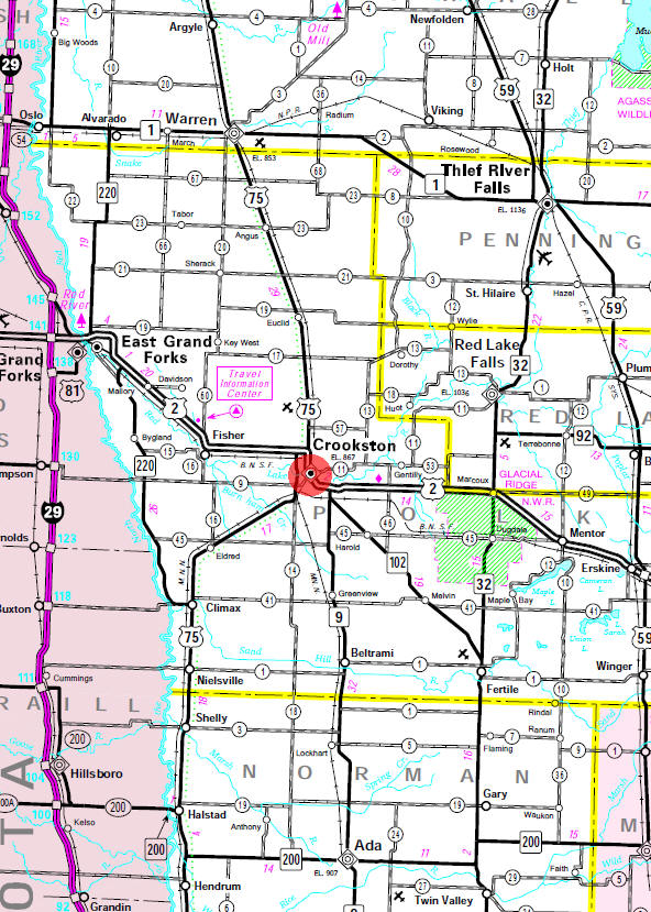 Minnesota State Highway Map of the Crookston Minnesota area