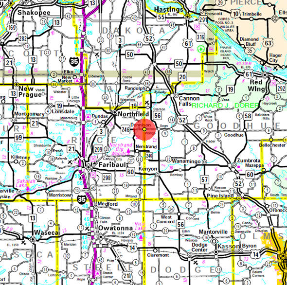 Minnesota State Highway Map of the Dennison Minnesota area
