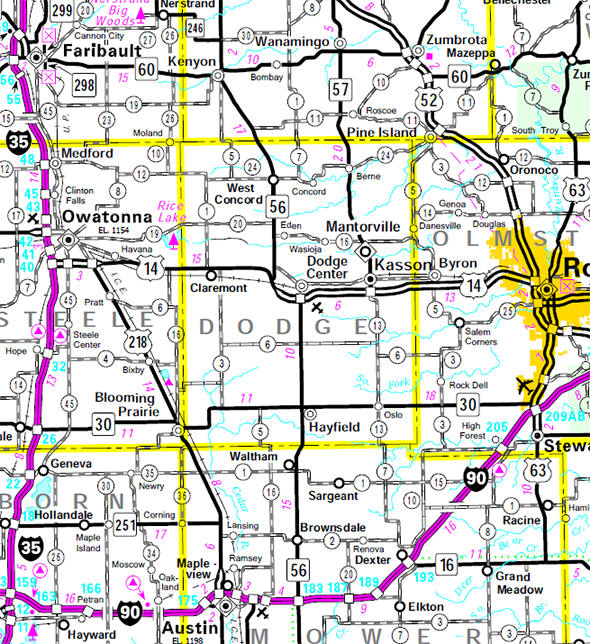Minnesota State Highway Map of the Dodge County Minnesota area