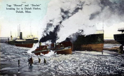 Tugs 'Record' and 'Sinclair' breaking ice in Duluth Harbor, 1909