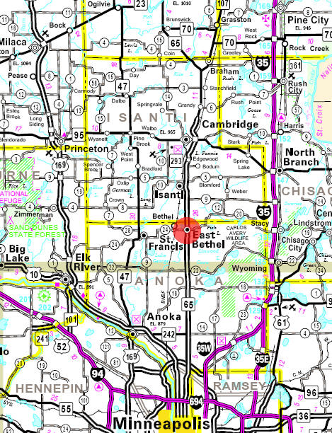 Minnesota State Highway Map of the East Bethel Minnesota area