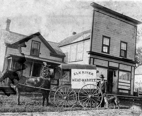 Charles Blocker and his meat market wagon, Elk River Minnesota, 1895