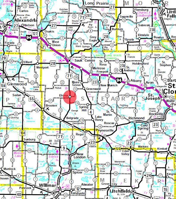 Minnesota State Highway Map of the Elrosa Minnesota area