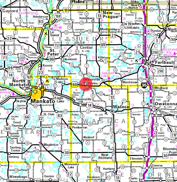 Minnesota State Highway Map of the Elysian Minnesota area