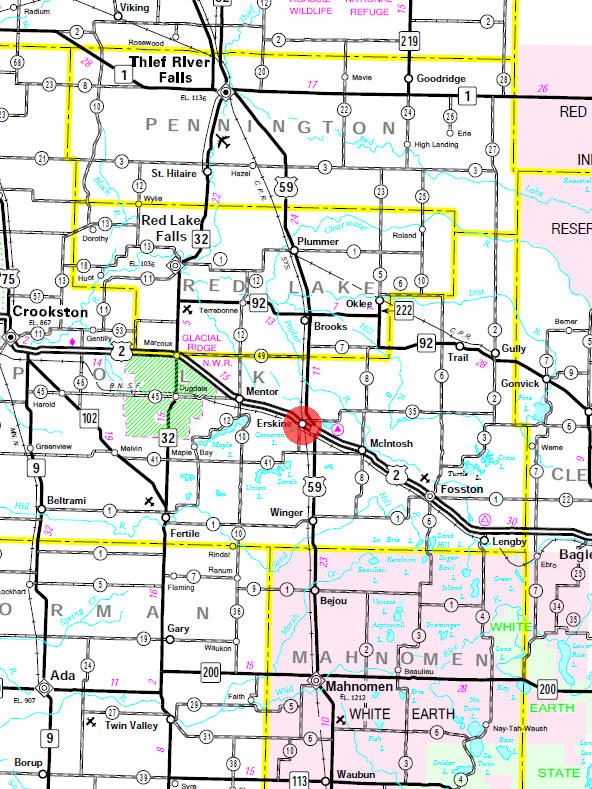 Minnesota State Highway Map of the Erskine Minnesota area