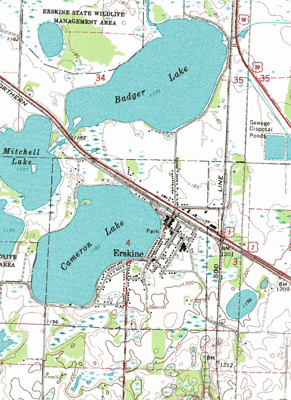 Topographic map of the Erskine Minnesota area