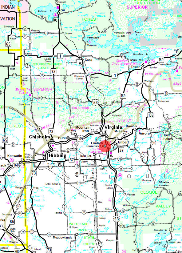 Minnesota State Highway Map of the Eveleth Minnesota area