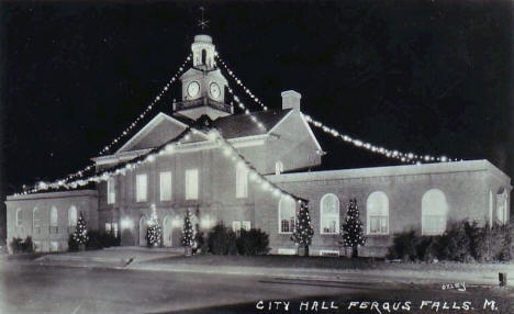 City Hall at Christmas, Fergus Falls Minnesota, 1950's?