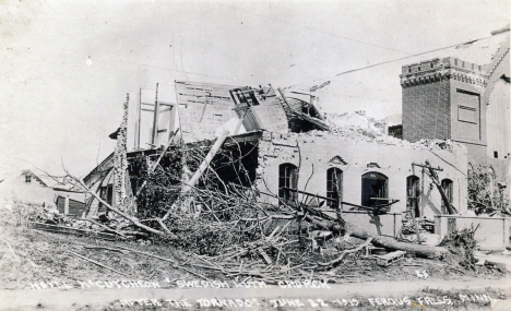 Hotel McCutcheon and Swedish Lutheran Church after the tornado, Fergus Falls Minnesota, 1919