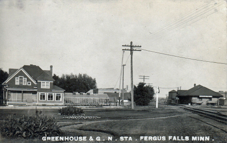 Greenhouse and Great Northern Station, Fergus Falls Minnesota, 1908
