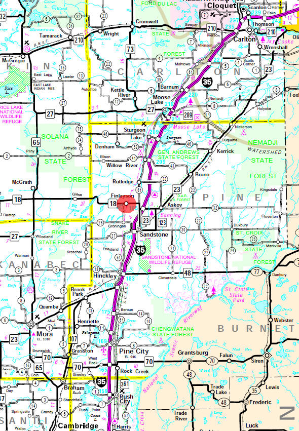 Minnesota State Highway Map of the Finlayson Minnesota area