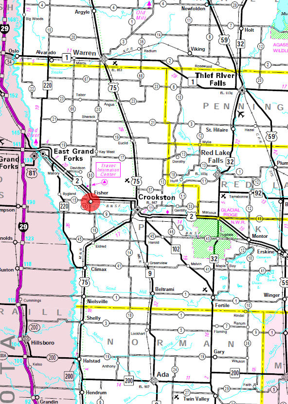 Minnesota State Highway Map of the Fisher Minnesota area
