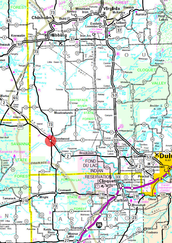 Minnesota State Highway Map of the Floodwood Minnesota area